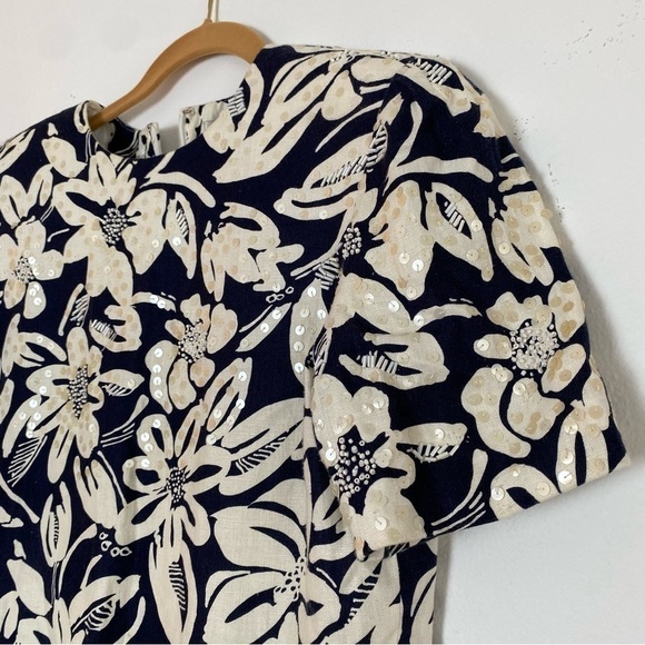 Vintage BILL BLASS Womans Linen Shift Short Sleeve Dress Sequined Beaded 12 - Picture 4 of 15